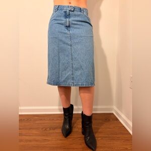 Classic Blue Light/Medium Wash Denim Midi Skirt with Contour Stitching on Rear